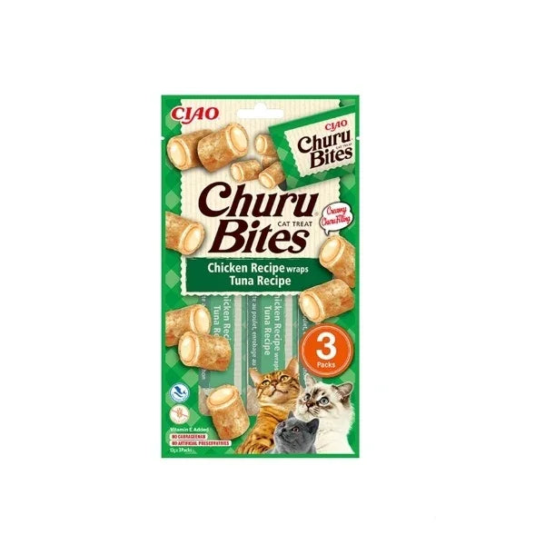 Churu Bites tavuk ve ton balıklı ödül kedi maması 3'lü paket, kedi görselli yeşil ambalaj.