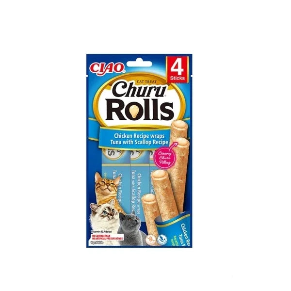 Ciao Churu Rolls tavuk ve ton balığı dolgulu kedi ödül çubuğu, paket görseli, 4'lü, kedili.