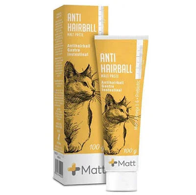 Kedi için tüy yumağı önleyici macun 100g, sarı kutu ve tüpte kedi resmiyle