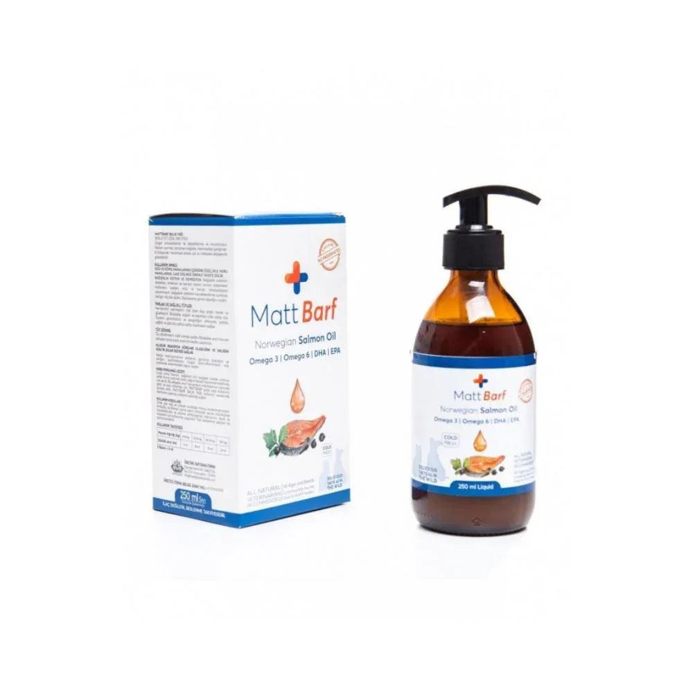 Kedi ve köpekler için Matt Barf somon yağı, 250 ml damlalıklı şişe ve kutusu.