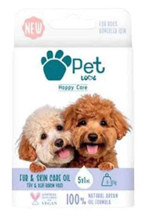 İki küçük köpekli, argan yağlı tüy ve deri bakım yağı 5x1ml ambalajı