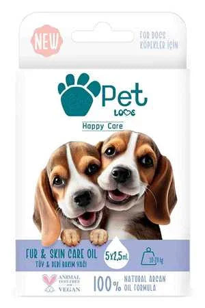 Pet Love doğal argan yağlı, 10-20 kg köpekler için tüy bakım yağı kutusu, üzerinde iki yavru köpek resmi.