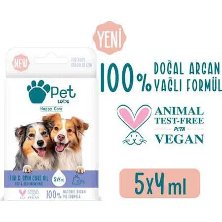 Doğal argan yağlı, hayvan dostu vegan tüy ve deri bakım yağı, köpek görselli 5x4ml paket.