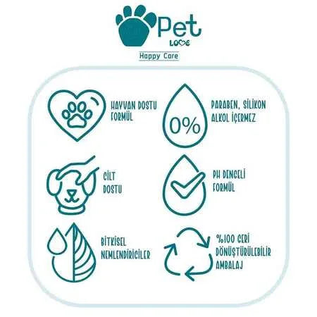 Pet şampuanı özellikleri: hayvan dostu, paraben ve silikon içermez, pH dengeli, cilt dostu, bitkisel nemlendiricili, geri dönüştürülebilir ambalaj.