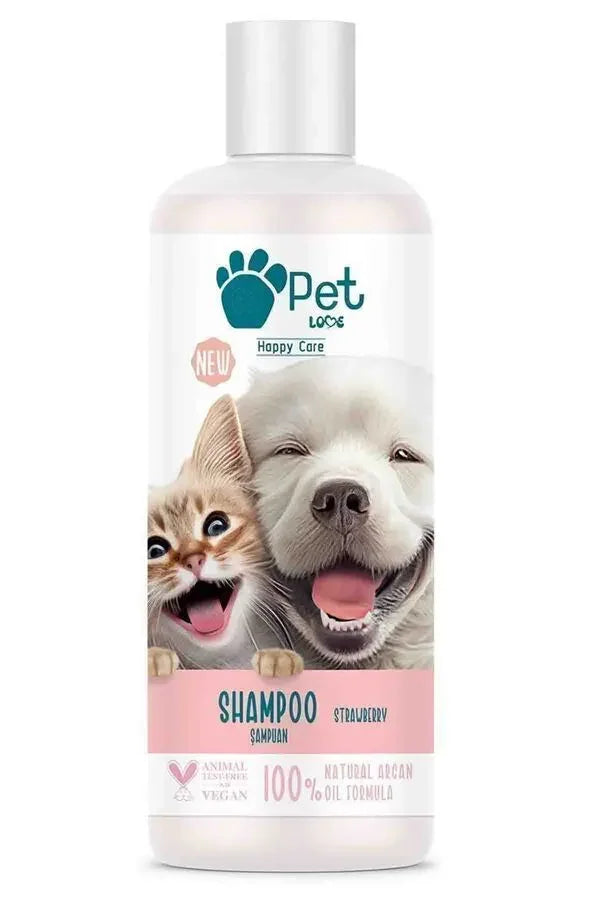 Kedi ve köpek görselli, çilek aromalı, doğal argan yağlı pet şampuanı şişesi