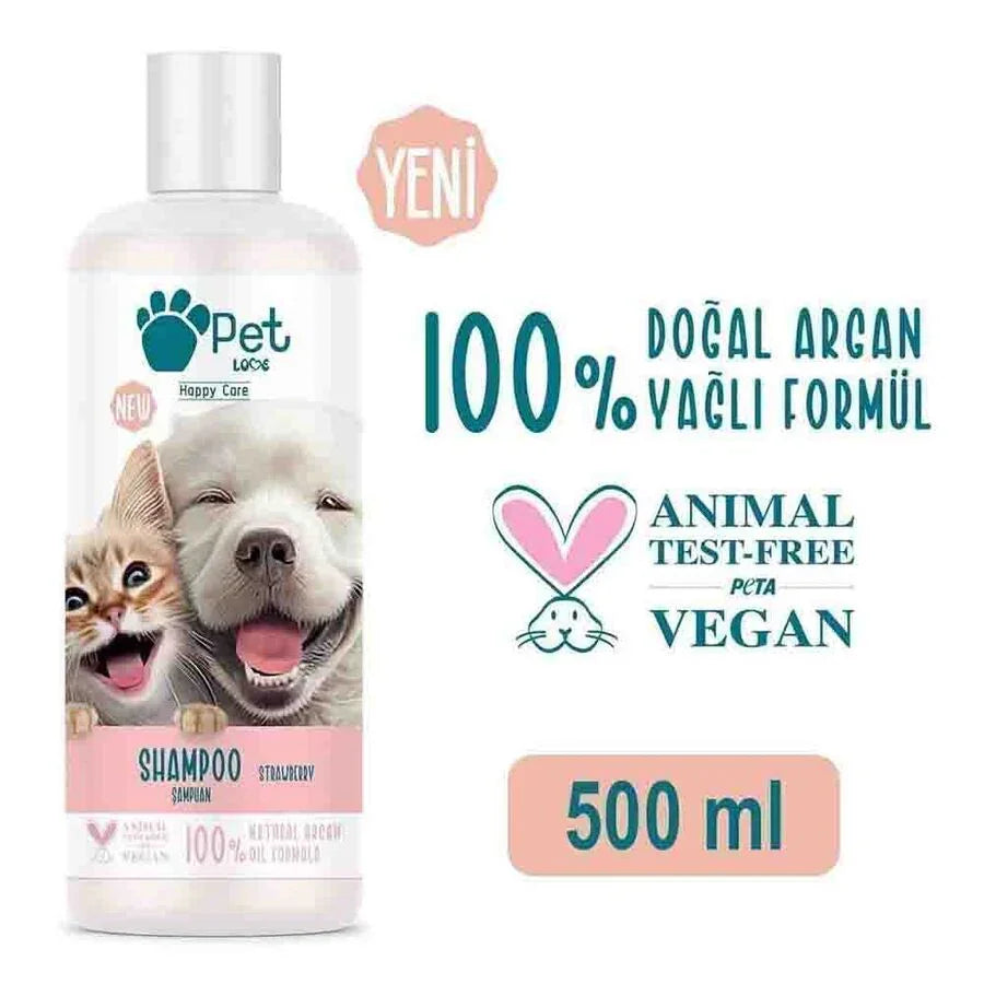 Kediler ve köpekler için çilek aromalı, 100% doğal argan yağlı, vegan pet şampuanı, 500 ml.