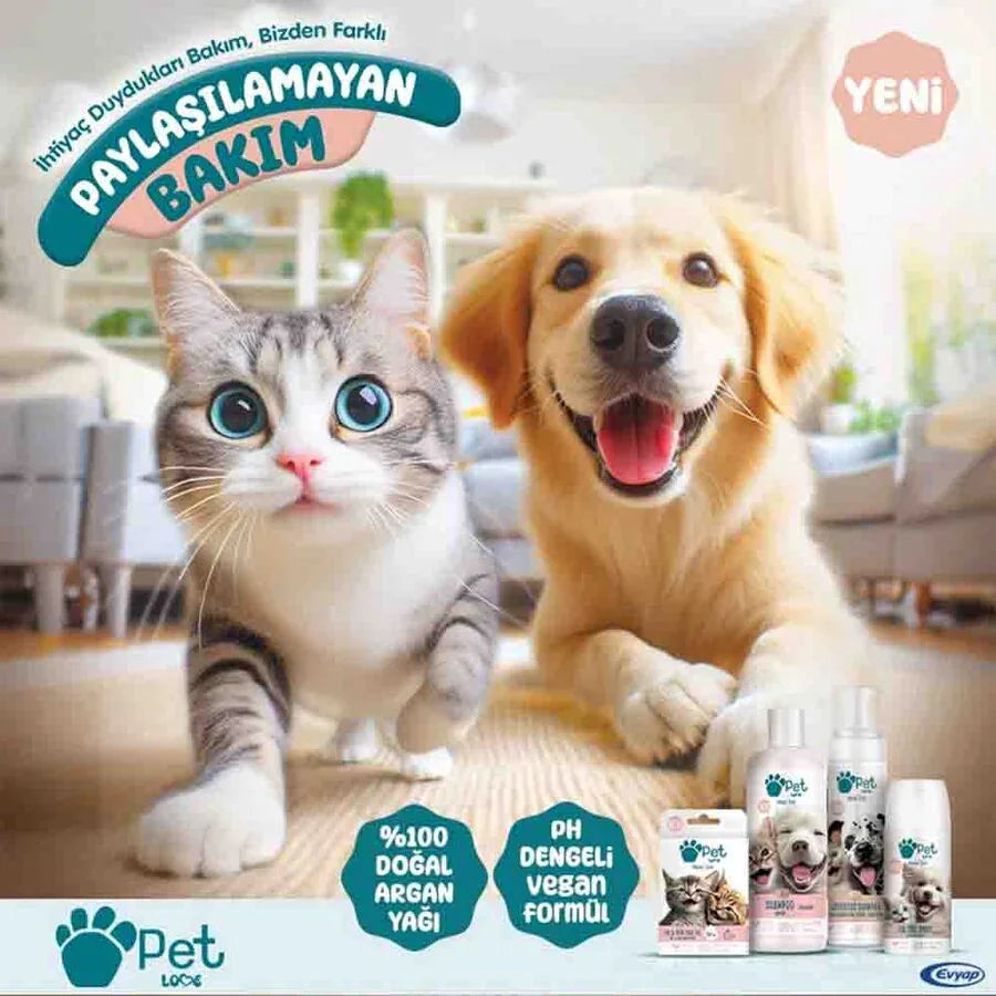 Evcil hayvan bakım ürünleriyle mutlu kedi ve köpek, doğal argan yağlı, vegan formüllü şampuanlar.