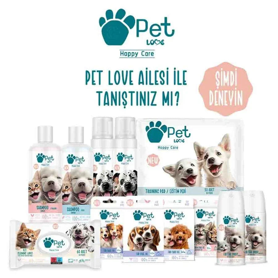 Pet Love köpek ve kedi bakımı ürünleri, şampuan, eğitim pedi ve mendil çeşitleriyle birlikte.