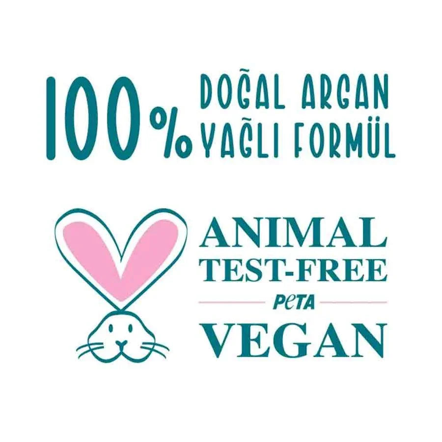 100% doğal argan yağlı formül, hayvanlar üzerinde test edilmemiş ve vegan pet şampuanı etiketi.