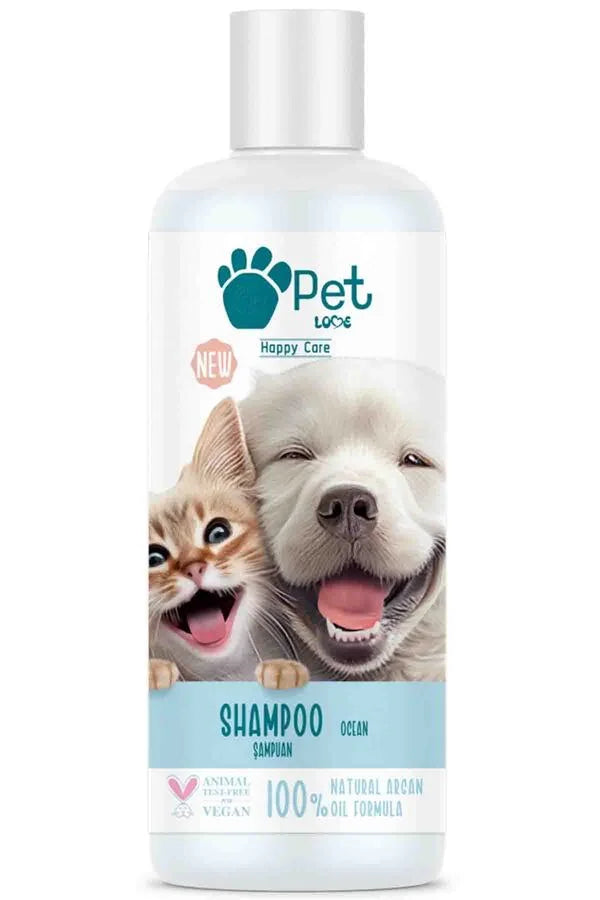 Köpek ve kedi görselli, doğal argan yağlı, vegan pet şampuanı şişesi