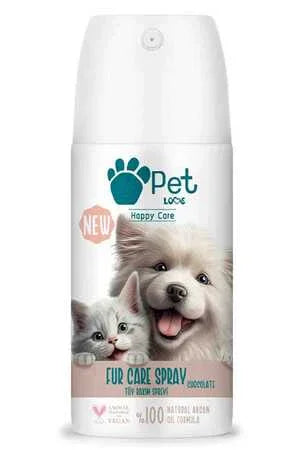 Kedi ve köpek görselli, çikolata aromalı tüy bakım spreyi şişesi, evcil hayvanlar için.