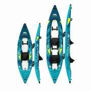 Çift kişilik, mavi-yeşil şişme kano, üstten ve yandan görünüm, iki koltuklu.