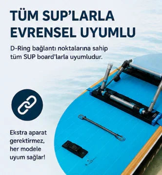 Mavi SUP board, D-Ring bağlantı noktaları ve ekstra aksesuarlarla evrensel uyumlu