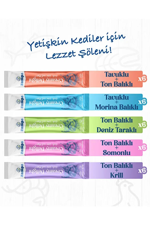 Farklı tatlarda yetişkin kedi ödül kremaları, tavuklu, ton balıklı, morina balıklı, somonlu ve krilli.