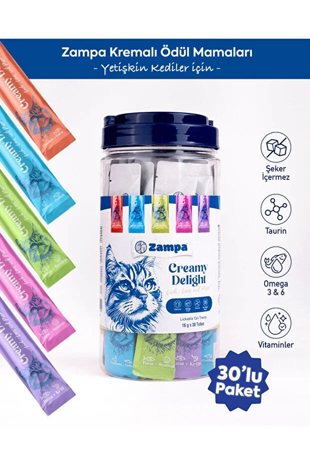 Zampa kedi kremalı ödül maması, karışık renkli 30’lu paket, yetişkin kediler için