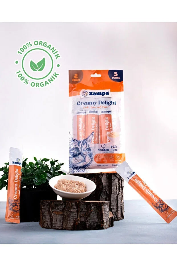 Zampa Creamy Delight tavuklu ve ton balıklı kedi ödül maması, 5'li paket, %100 organik.