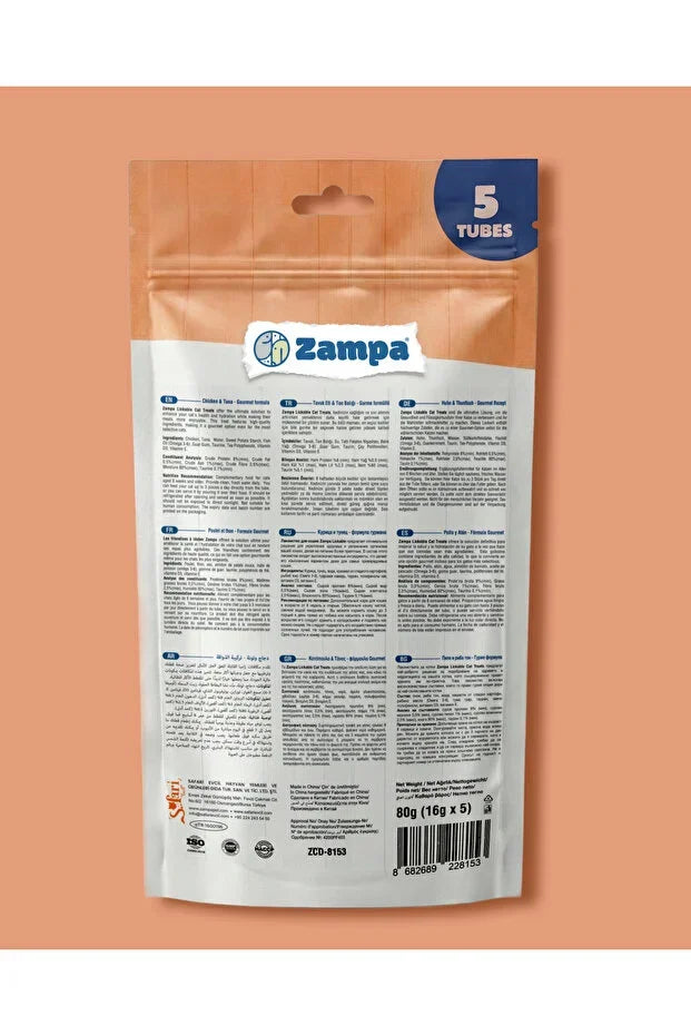 Zampa tavuklu ve ton balıklı kedi kreması ödül maması arka ambalaj görseli, 5 tüplü paket.