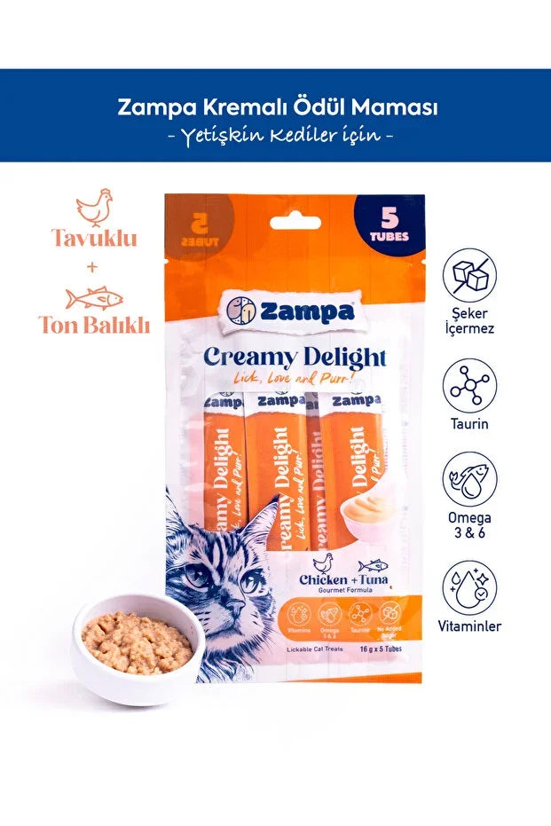 Zampa Kremalı Ödül Maması, tavuklu ton balıklı yetişkin kedi kreması, 5’li paket.