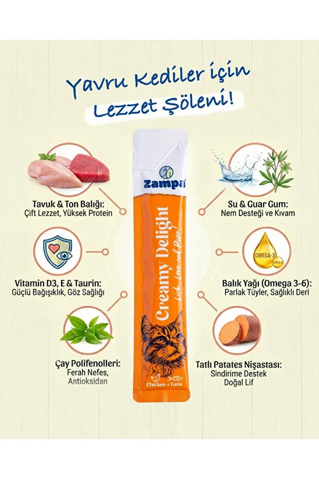 Kedi kreması ödül maması, tavuklu ve ton balıklı, yavru kediler için sağlıklı içeriğe sahip.