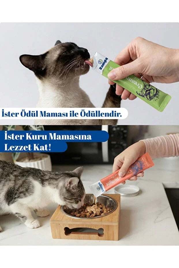 Kedi ödül maması jeliyle beslenen iki farklı kedi, ton balıklı ve deniz tarağı aromalı mama.