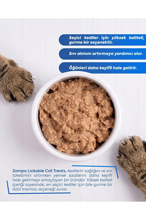 Kase içinde ton balıklı kedi kreması, yanında kedi patileri, ödül maması görseli.
