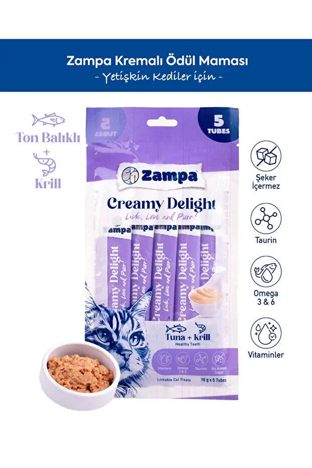 Ton balıklı ve krilli, yetişkin kediler için Zampa kremalı ödül maması ambalajı ve mama kasesi