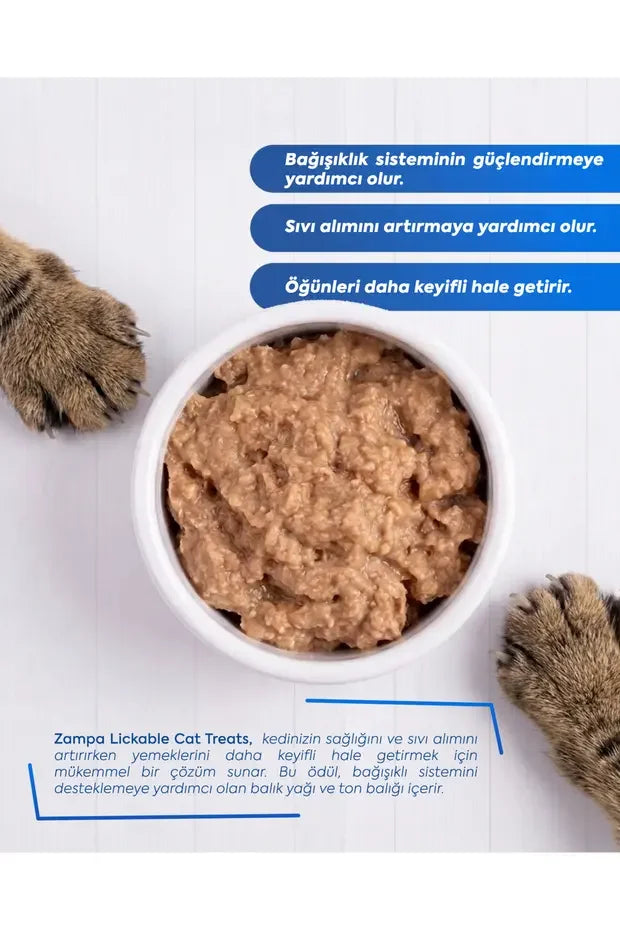 Kase içinde ton balıklı kedi kreması ve yanında iki kedi patisi, mama ödül maması görseli