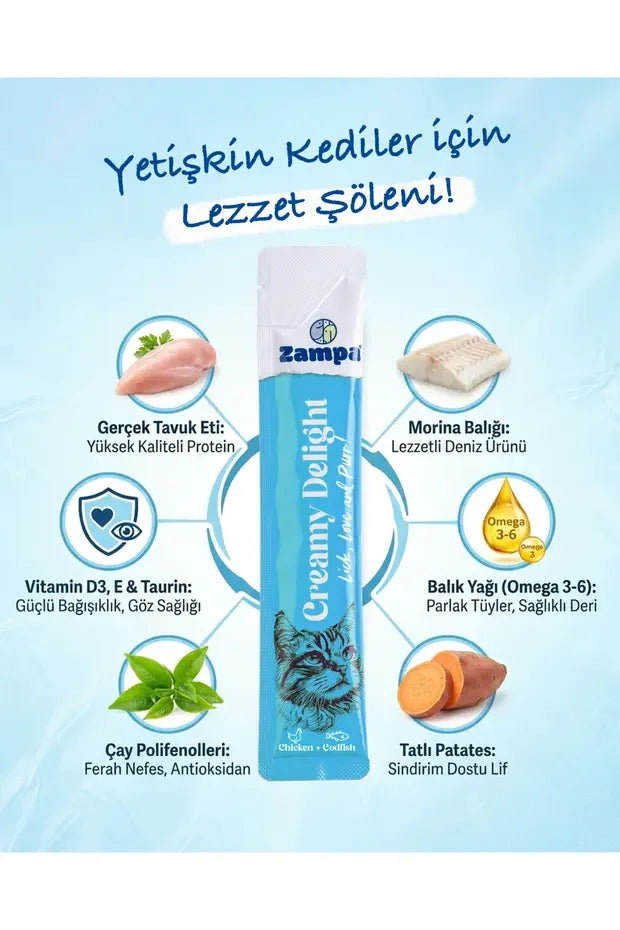 Ton balıklı morina kedi kreması, yetişkin kediler için ödül maması, ana içerikler ve faydalarıyla paketi.
