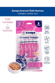 Ton balıklı ve somonlu kedi ödül maması kreması, 5'li paket, kedi görseliyle