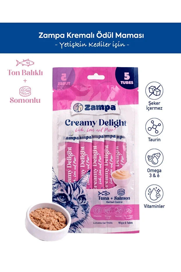 Ton balıklı ve somonlu kedi ödül maması kreması, 5'li paket, kedi görseliyle