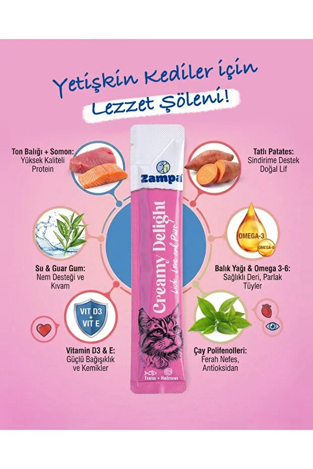 Ton balıklı ve somonlu yetişkin kedi ödül maması, vitaminli ve omega-3 katkılı krem paket.