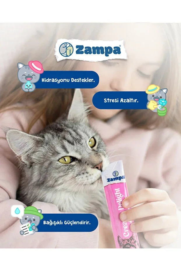 Gri kedi, pembe paketli ton balıklı somon kreması ile ödül maması yerken çocukla birlikte.