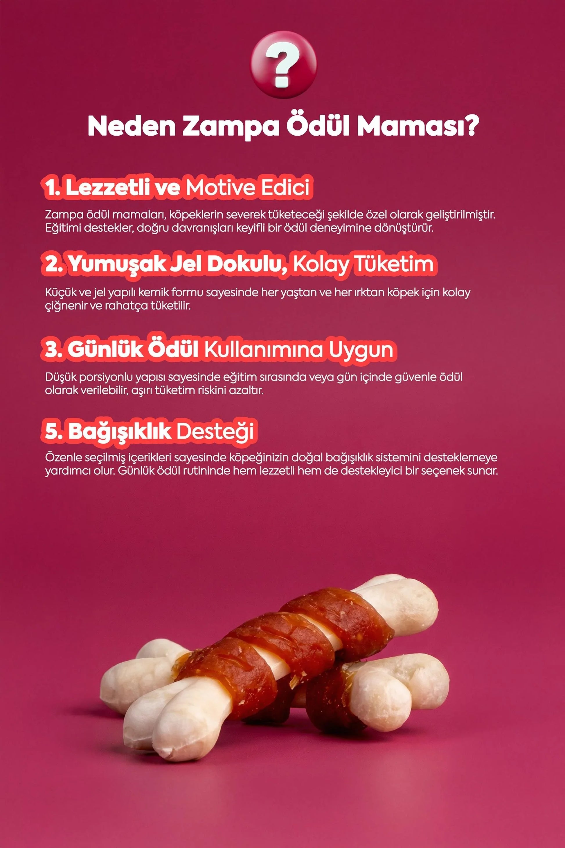 Dana etli yumuşak jel dokulu köpek ödül maması, kemik şeklinde, mor arka planda.