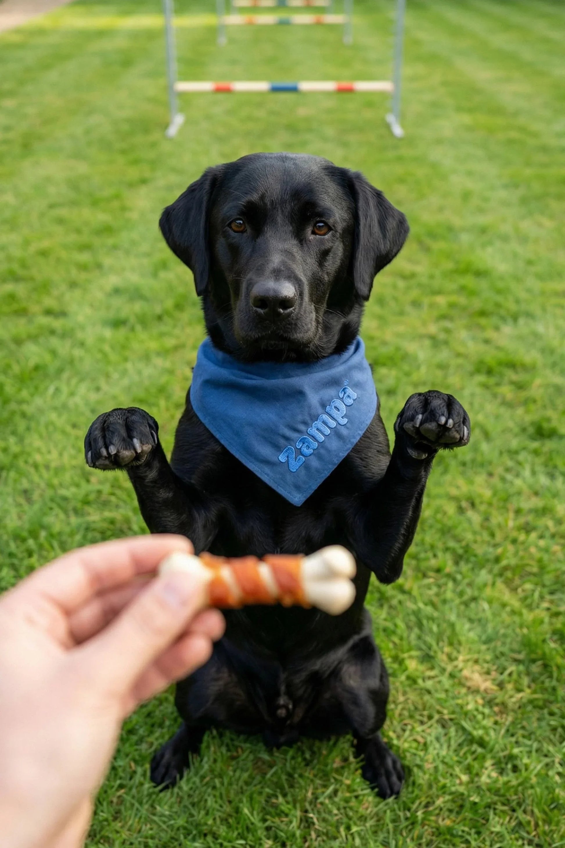 Çim üzerinde oturan siyah köpek, boynunda mavi fular, ödül maması bekliyor.