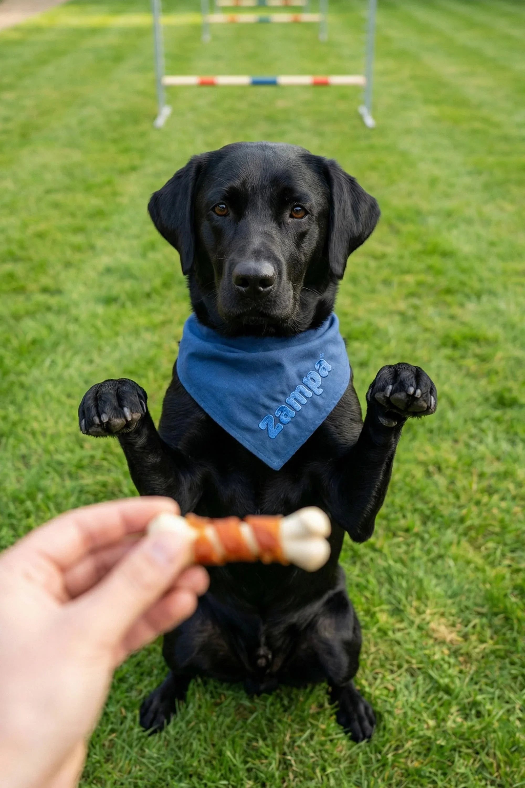 Çim üzerinde oturan siyah köpek, boynunda mavi fular, ödül maması bekliyor.