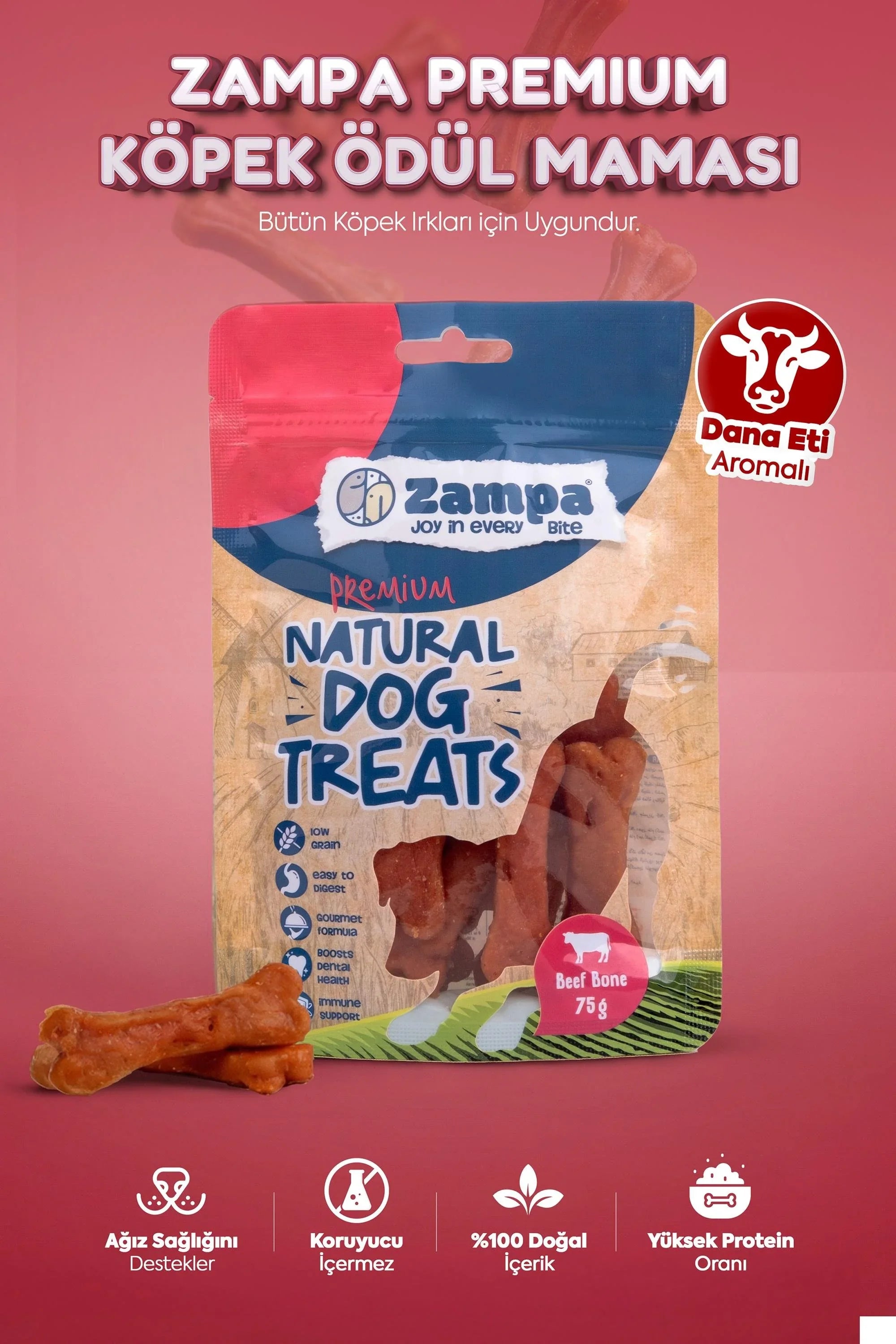 Kemik şeklinde, dana et aromalı köpek ödül maması poşeti ve mamalar, doğal ve yüksek proteinli.