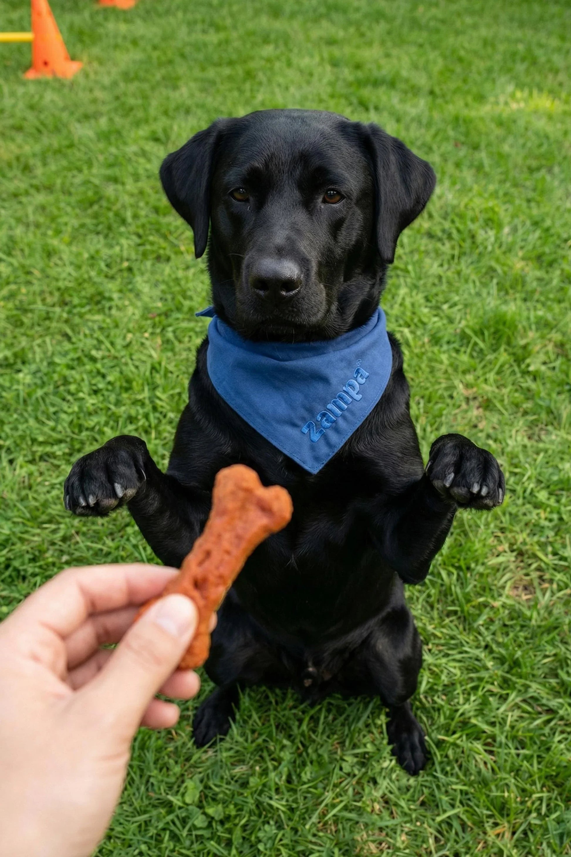 Kemik şeklinde köpek ödül maması tutan el, zeki siyah köpek ve çim üzerinde.