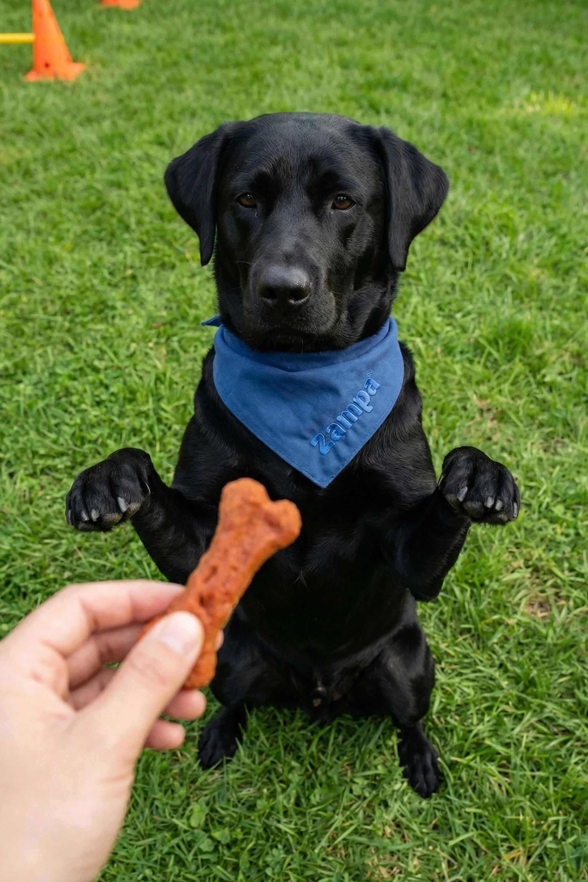 Kemik şeklinde köpek ödül maması tutan el, zeki siyah köpek ve çim üzerinde.
