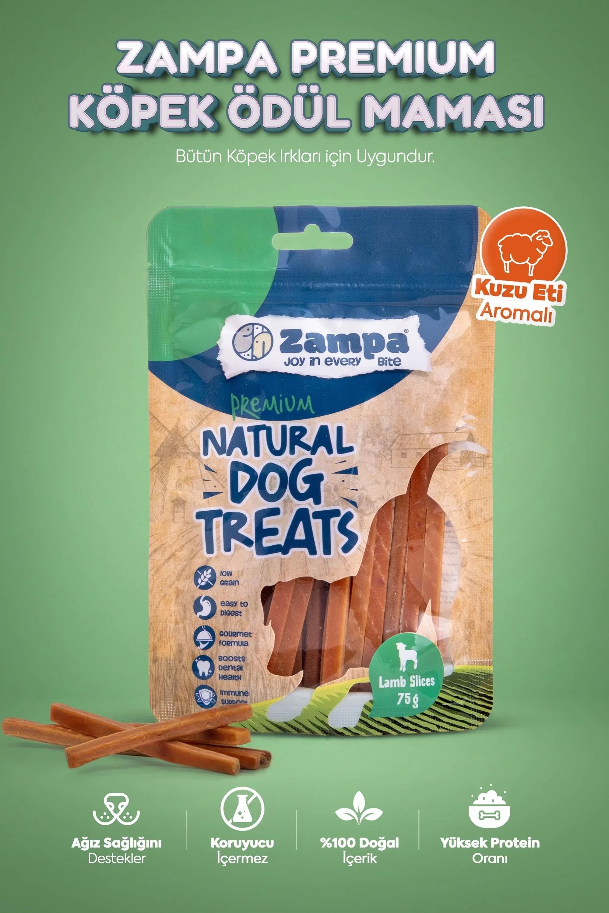 Kuzu etli, doğal içerikli köpek ödül maması paketi ve ödül çubukları, yüksek proteinli.