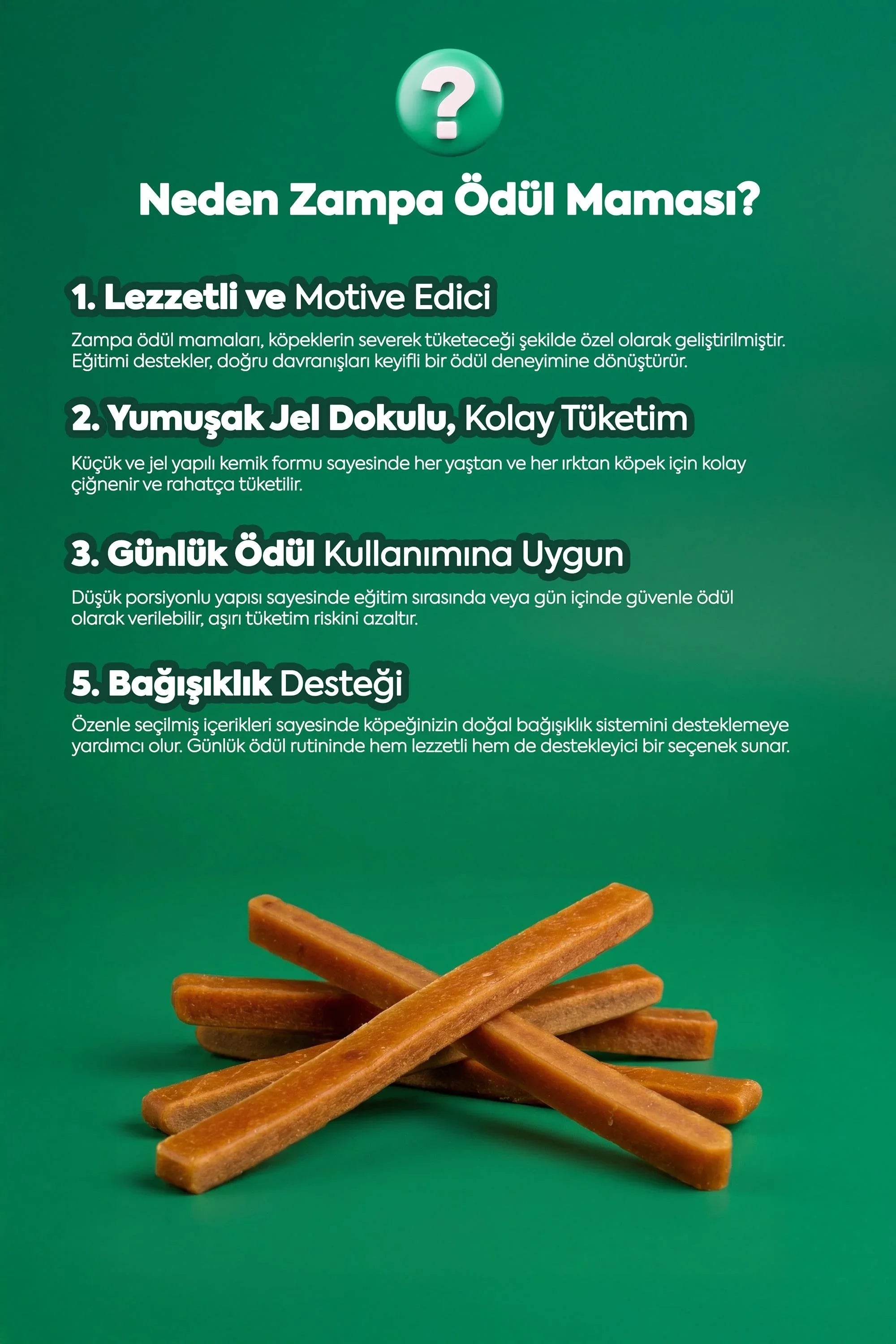 Yeşil zeminde yumuşak jel dokulu kuzu etli köpek ödül maması çubukları, bilgilendirici metinle birlikte.