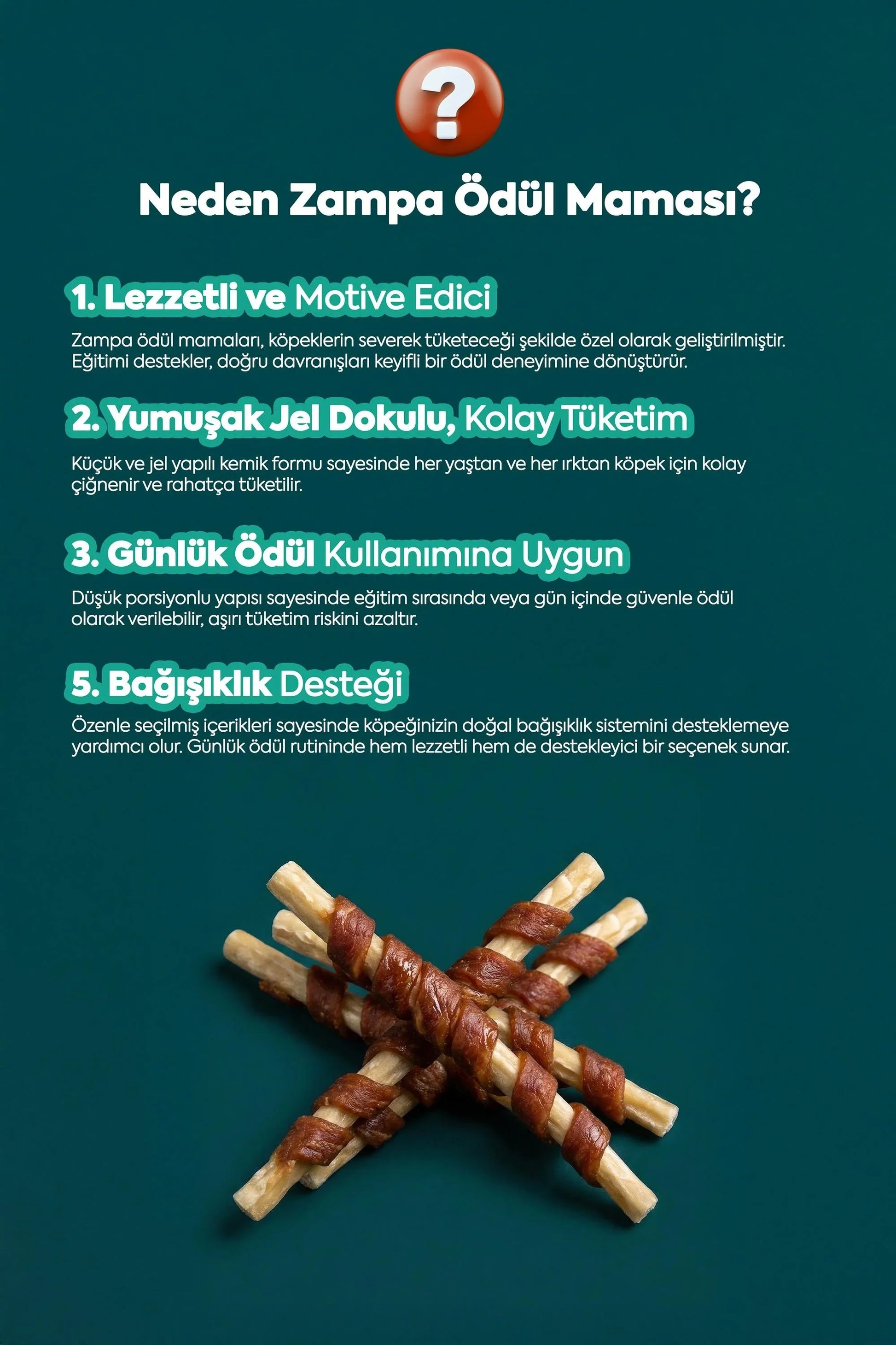 Kuzu etli köpek ödül maması, çubuk şeklinde, yumuşak ve jel dokulu, koyu yeşil zemin üzerinde.