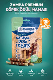 Kuzu sargılı premium köpek ödül maması, doğal içerikli, paket ve çıtır çubuklar görünüyor.