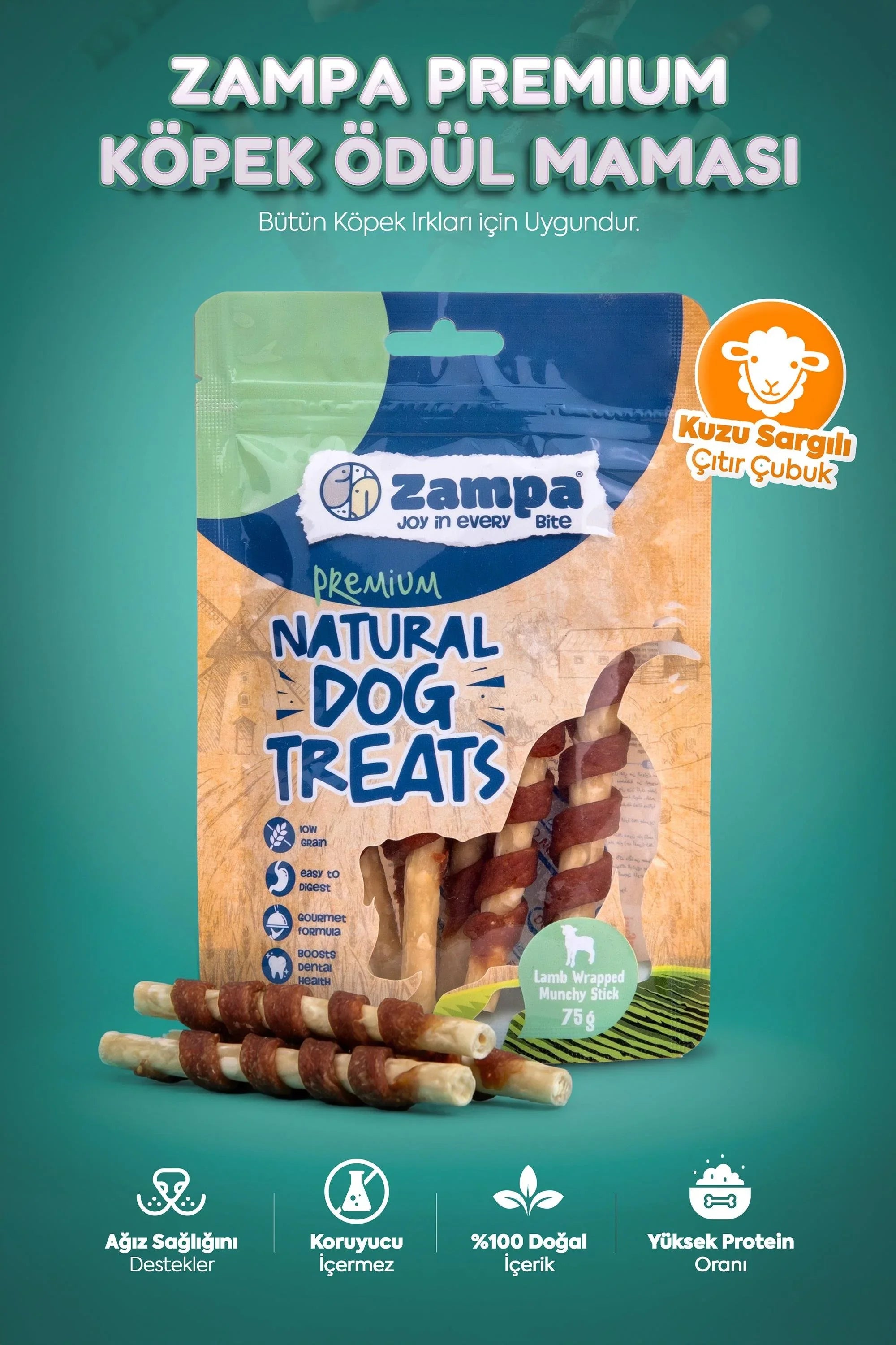Kuzu sargılı premium köpek ödül maması, doğal içerikli, paket ve çıtır çubuklar görünüyor.