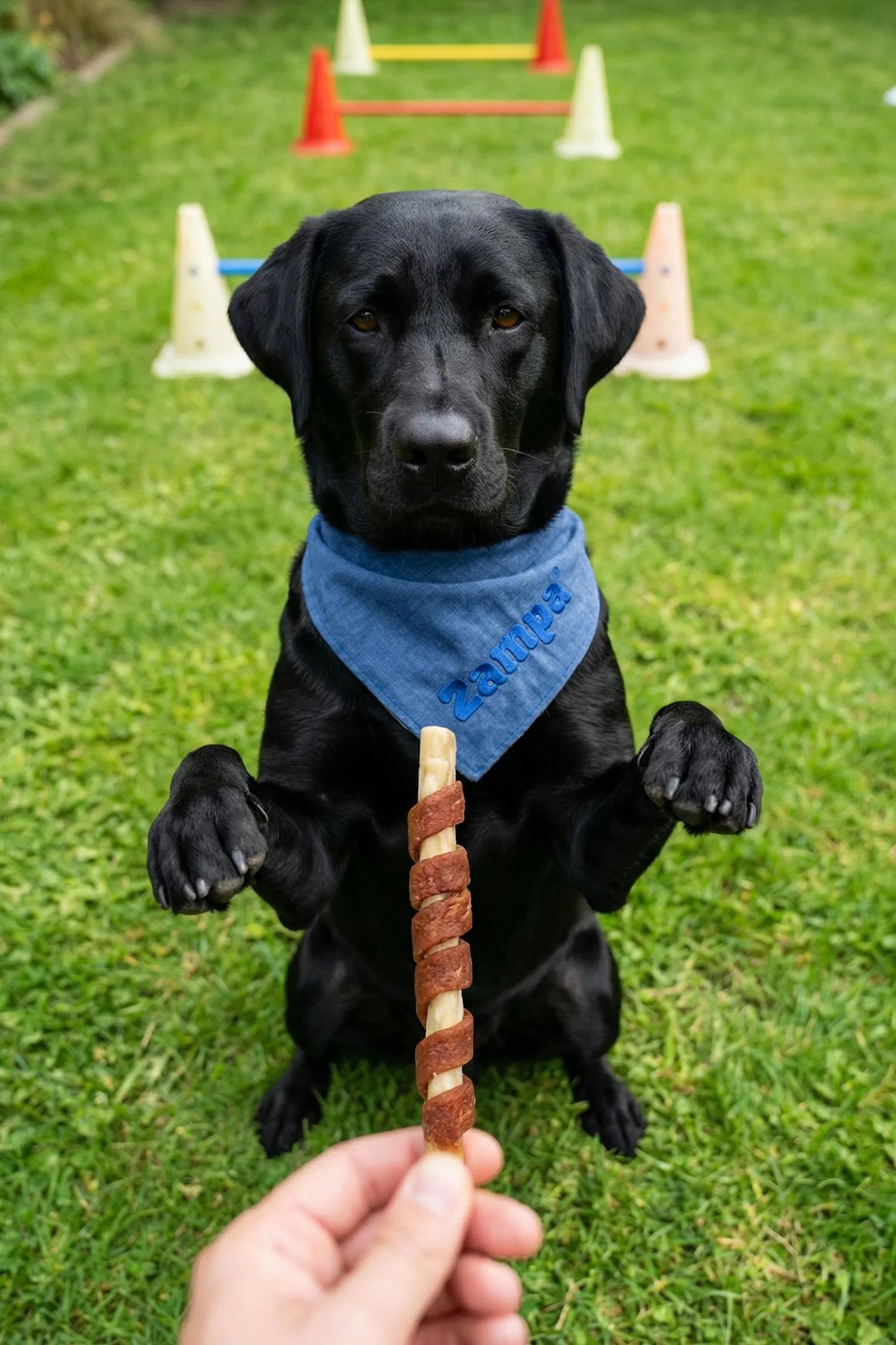 Bahçede eğitim sırasında ödül maması bekleyen siyah labrador köpek, Zampa fularlı.