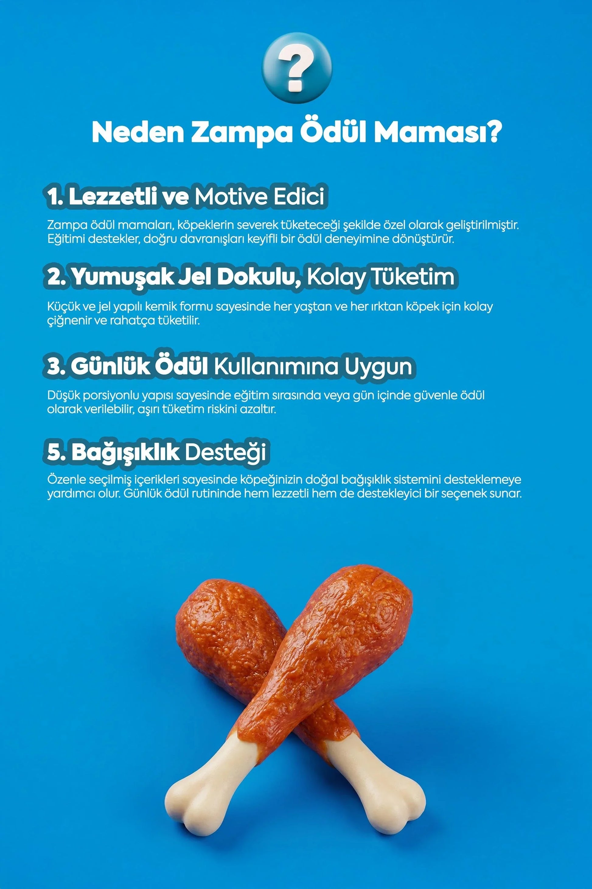 Ördek etli, kemik şeklinde köpek ödül maması ve faydalarını anlatan bilgi görseli.