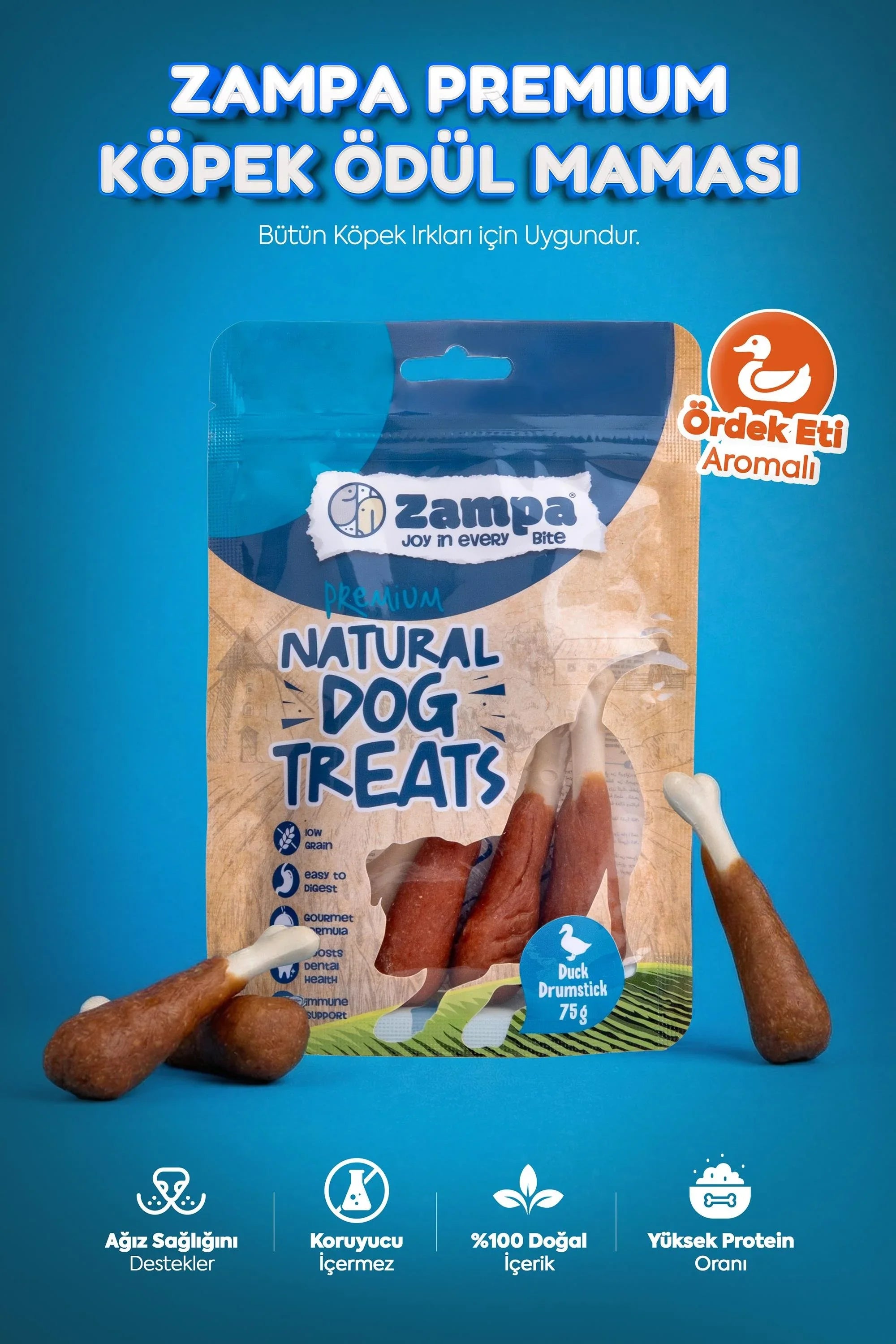 Ördek etli, yüksek proteinli Zampa köpek ödül maması, doğal ve katkısız çubuklar ambalajlı.