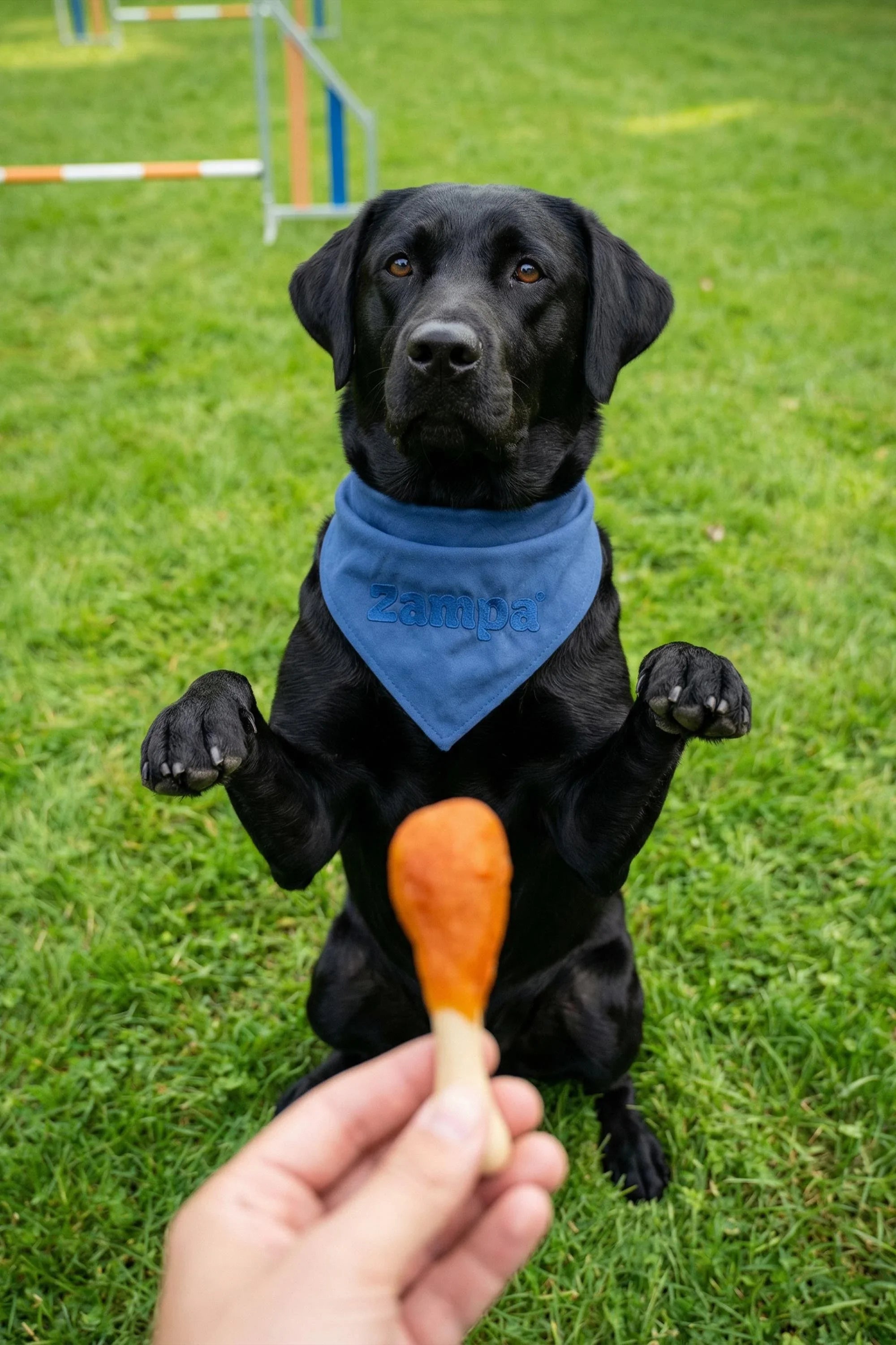 Çimen üzerinde eğitim alanında, mavi fular takan siyah köpek, önünde ördek etli ödül mamasıyla bekliyor.