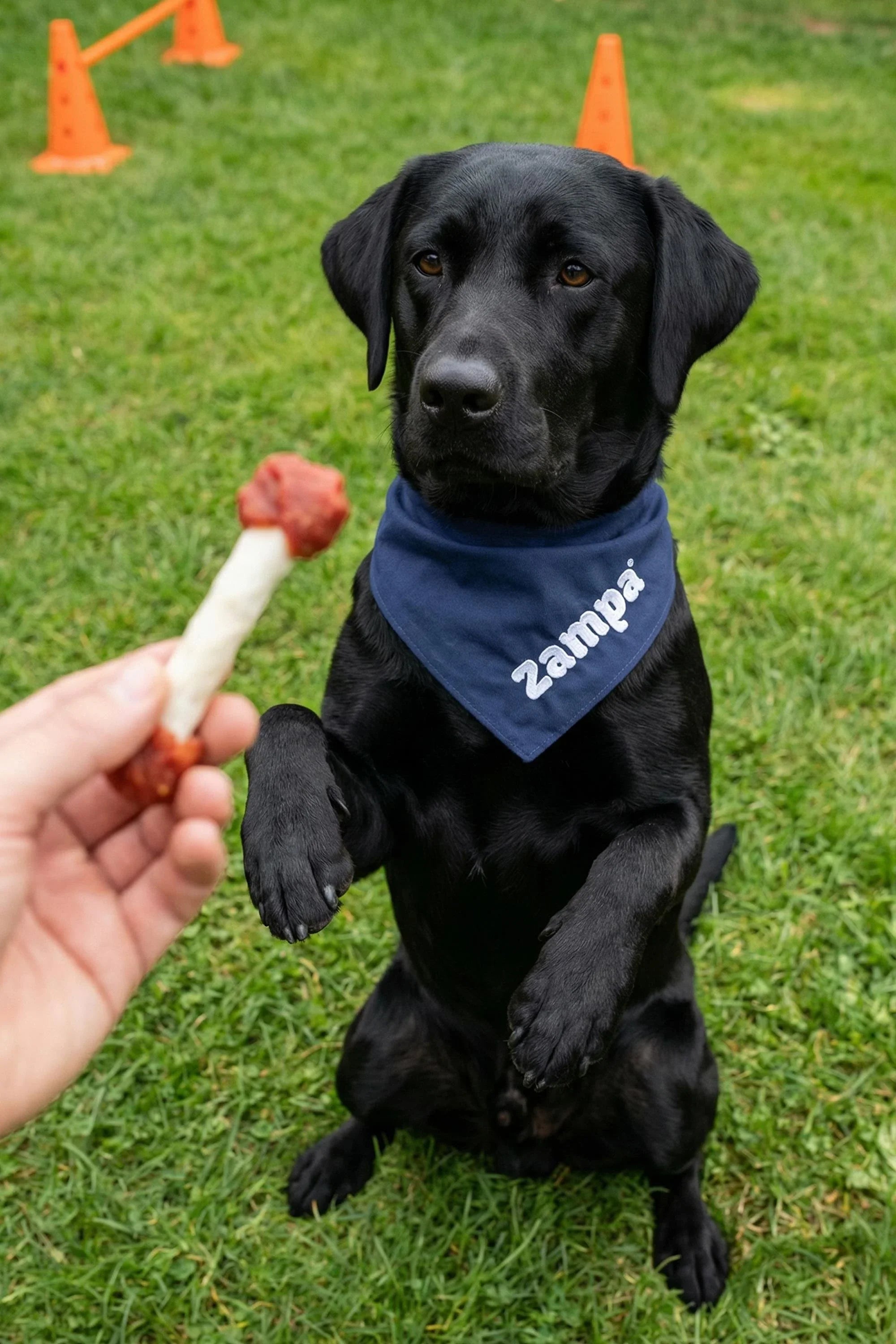 Açık alanda önünde ödül maması tutulan siyah köpek eğitim sırasında, boynunda zampa yazılı fular var.