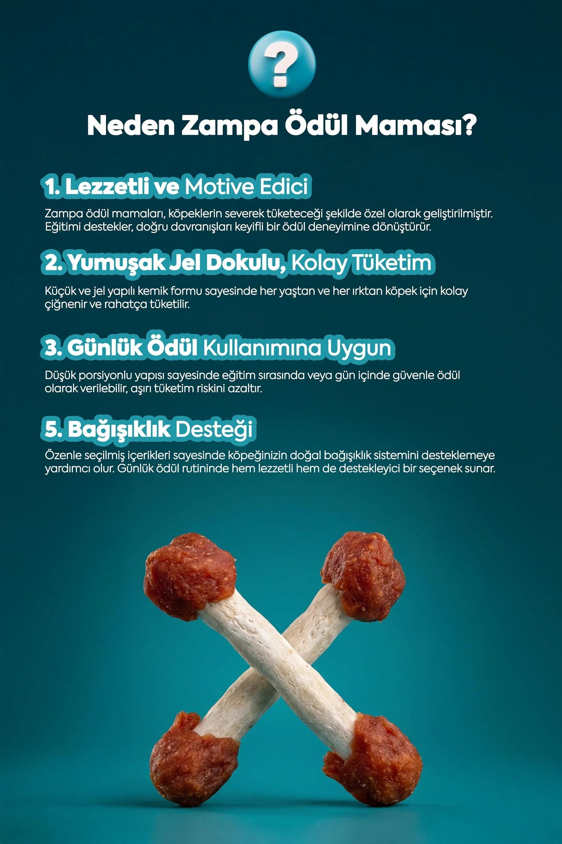 Ödül mamaları hakkında bilgilendirme metni ve ön planda ördek etli köpek ödül kemiği görseli.