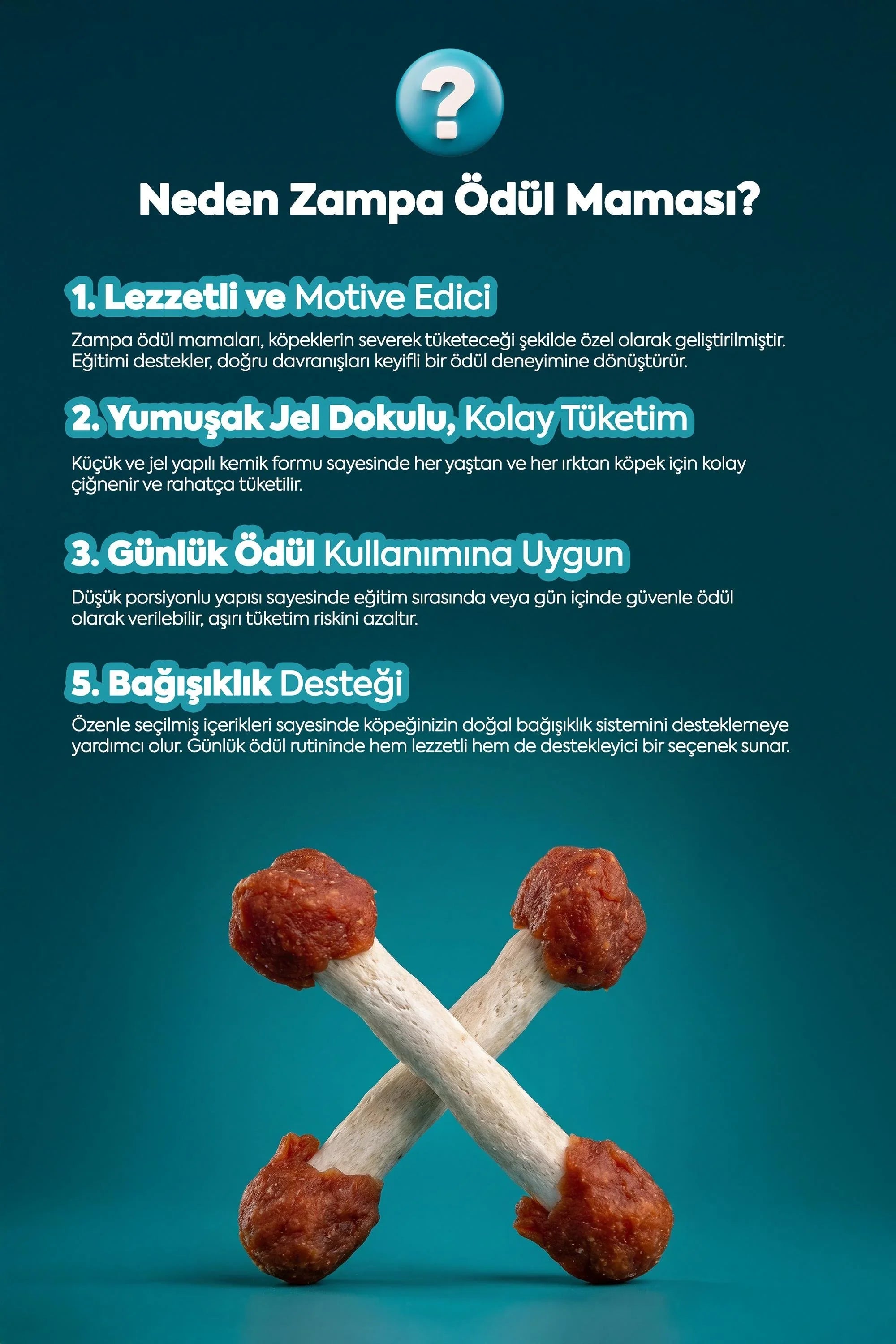 Ödül mamaları hakkında bilgilendirme metni ve ön planda ördek etli köpek ödül kemiği görseli.